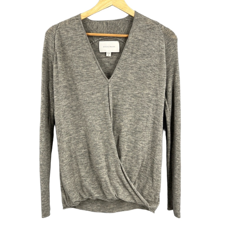 Brochu Walker Merino Wool Draped Wrap Sweater Gray‎ Long Sleeve Size Small